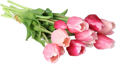 Bellatio Design Kunst tulpen boeket Sally - 7x stuks - roze - real touch - 47 cm - kunst zijdebloemen