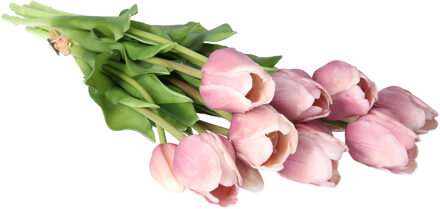 Bellatio Design Kunst tulpen boeket Sally - 7x stuks - zacht lila - real touch - 47 cm - kunst zijdebloemen