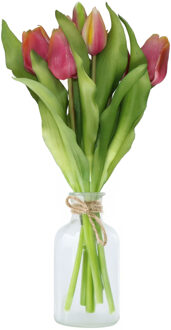 Bellatio Design Kunst tulpen boeket Vermeer - 7x stuks - geel/paars - real touch - 31 cm - kunst zijdebloemen