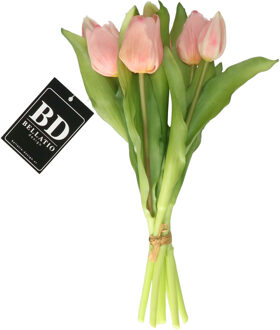 Bellatio Design Kunst tulpen boeket Vermeer - 7x stuks - lichtroze - real touch - 31 cm - kunst zijdebloemen