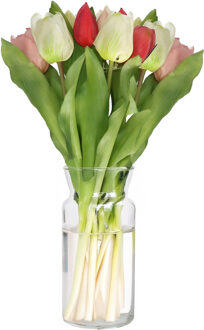 Bellatio Design Kunst tulpen boeket Vermeer - 7x stuks - roze/creme - real touch - 31 cm - kunst zijdebloemen Donkerroze