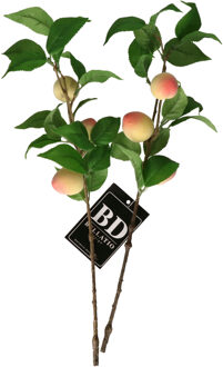 Bellatio Design Kunstbloem fruit tak Perzik - 2x - 40 cm - losse steel - kunst zijdebloemen