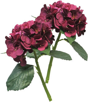 Bellatio Design Kunstbloem Hortensia tak - 5x - bordeaux rood - 48 cm - losse steel - Kunst zijdebloemen - hydrangea