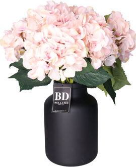 Bellatio Design Kunstbloem Hortensia tak - 5x - roze - 48 cm - losse steel - Kunst zijdebloemen - hydrangea