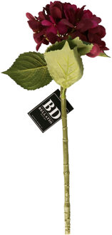 Bellatio Design Kunstbloem Hortensia tak - bordeaux rood - 48 cm - losse steel - Kunst zijdebloemen - hydrangea