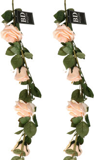 Bellatio Design Kunstbloemen slinger rozen Emily - 2x - 145 cm - perzikroze - guirlande - decoratie - bruiloft versi