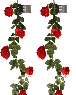 Bellatio Design Kunstbloemen slinger rozen Emily - 2x - 145 cm - rood - guirlande - decoratie - bruiloft versiering