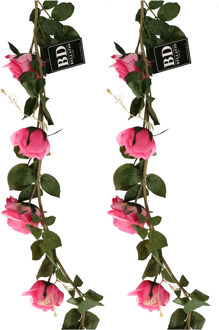 Bellatio Design Kunstbloemen slinger rozen Emily - 2x - 145 cm - roze - guirlande - decoratie - bruiloft versiering
