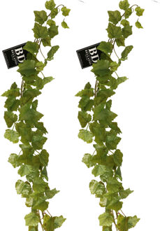 Bellatio Design kunstplant/hangplant slinger - 2x - Druivenblad/Vitaceae - groen - 180 cm