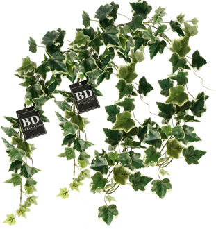 Bellatio Design kunstplant/hangplant slinger - 2x - Klimop/hedera - groen/wit - 180 cm