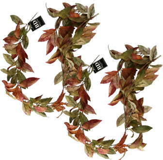 Bellatio Design kunstplant/hangplant slinger - 2x - Lychee blad - herfst kleuren - 180 cm