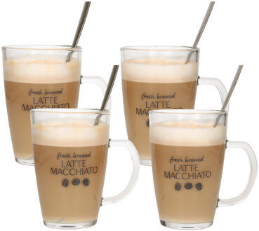 Bellatio Design Latte macchiato glazen - set 4x - incl. lepels - glas - 300 ml - koffie glazen