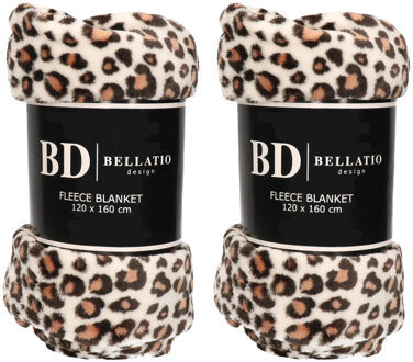 Bellatio Design Plaid - 2x - fleece deken - in luipaard dieren print - 120 x 160 cm