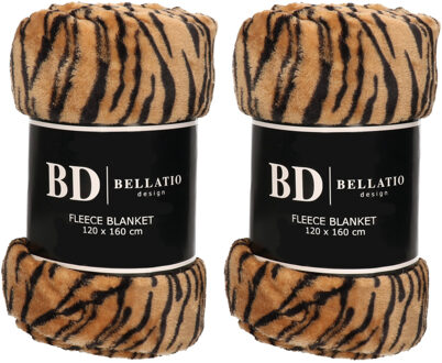 Bellatio Design Plaid - 2x - fleece deken - in tijger dieren print - 120 x 160 cm