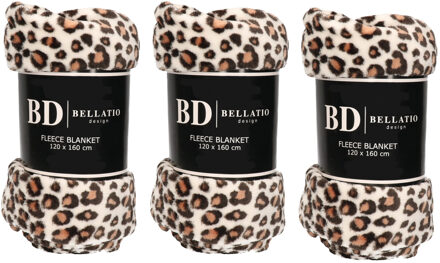 Bellatio Design Plaid - 3x - fleece deken - in luipaard dieren print - 120 x 160 cm