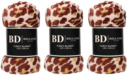 Bellatio Design Plaid - 3x - fleece deken - in panter dieren print - 120 x 160 cm