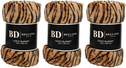 Bellatio Design Plaid - 3x - fleece deken - in tijger dieren print - 120 x 160 cm