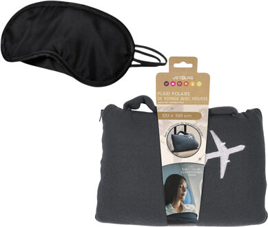 Bellatio Design Reisdeken met slaapmasker - zwart - fleece plaid - slaapmaskers