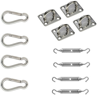 Bellatio Design Schaduwdoek 4-puntig ophangaccessoires - 12-delig - RVS - schaduwdoek accessoires - bevestigingsmateriaal voor ophangen schaduwdoek / zonnezeil