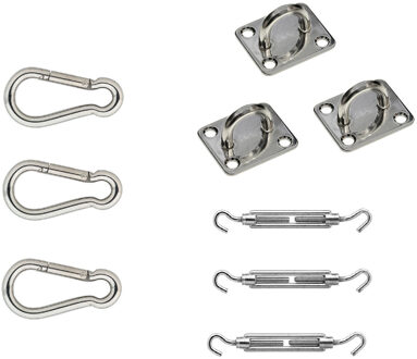 Bellatio Design Schaduwdoek ophangaccessoires 3-puntig - 9-delig - RVS - schaduwdoek accessoires - bevestigingsmateriaal voor ophangen schaduwdoek / zonnezeil