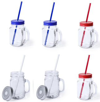 Bellatio Design Set 6x glazen drinkbekers dop/rietje 500 ml zilver/blauw/rood - Drinkbekers