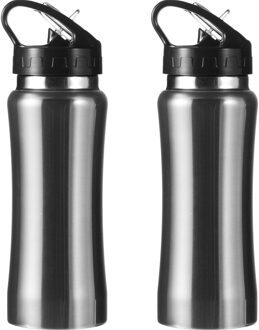 Bellatio Design Set van 2x stuks luxe Drinkfles/waterfles 600 ml zilver van RVS - Drinkflessen Zilverkleurig