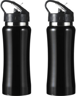 Bellatio Design Set van 2x stuks luxe Drinkfles/waterfles 600 ml zwart van RVS - Drinkflessen