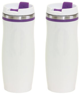 Bellatio Design Set van 2x stuks RVS Warmhoudbeker/warm houd beker winter wit/paars 400 ml - Isoleerbeker/thermosbekers - Dubbelwandig