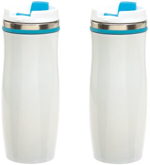Bellatio Design Set van 2x stuks RVS Warmhoudbeker/warm houd beker winter wit/turquoise 400 ml - Isoleerbeker/thermosbekers - Dubbelwandig