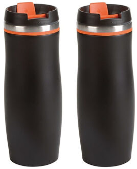 Bellatio Design Set van 2x stuks RVS Warmhoudbeker/warm houd beker zwart/oranje 400 ml - Isoleerbeker/thermosbekers - Dubbelwandig