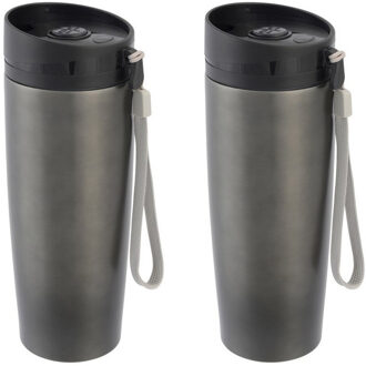 Bellatio Design Set van 3x stuks RVS Warmhoudbeker/warm houd beker antraciet staal 380 ml - Isoleerbeker/thermosbekers - Dubbelwandig