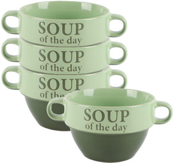 Bellatio Design Soepkommen - 4x - Soup of the day - keramiek - D12 x H8 cm - groen - Stapelbaar