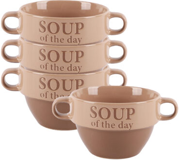 Bellatio Design Soepkommen - 4x - Soup of the day - keramiek - D12 x H8 cm - terra/beige - Stapelbaa