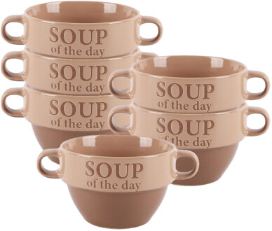Bellatio Design Soepkommen - 6x - Soup of the day - keramiek - D12 x H8 cm - terra/beige - Stapelbaa