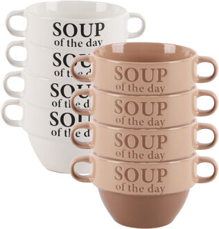 Bellatio Design Soepkommen - 8x - Soup of the day - keramiek - D12 x H8 cm - beige / wit - Stapelbaa