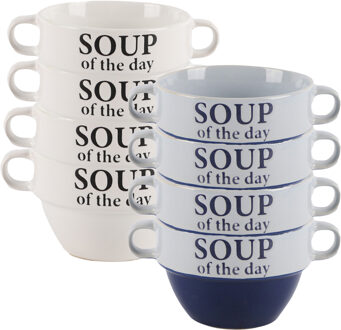 Bellatio Design Soepkommen - 8x - Soup of the day - keramiek - D12 x H8 cm - blauw / wit