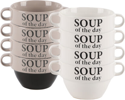 Bellatio Design Soepkommen - 8x - Soup of the day - keramiek - D12 x H8 cm - grijs / wit - Stapelbaa