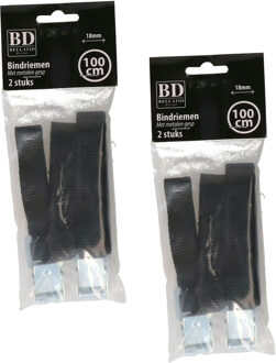 Bellatio Design spanbanden/sjorbanden/bindriemen - 4x stuks - zwart - 100 cm