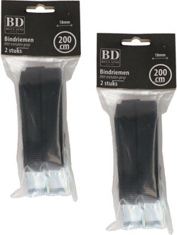 Bellatio Design spanbanden/sjorbanden/bindriemen - 4x stuks - zwart - 200 cm