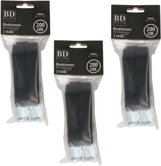 Bellatio Design spanbanden/sjorbanden/bindriemen - 6x stuks - zwart - 200 cm