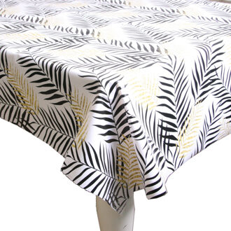 Bellatio Design Tafelzeil/tafelkleed wit met zwarte/gouden palmbladeren print 140 x 300 cm