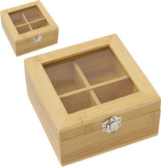 Bellatio Design Theedoos - 2x - 4-vaks - naturel - bamboe hout - 14 x 14 x 7.5 cm - theekist - glazen kijkvenster