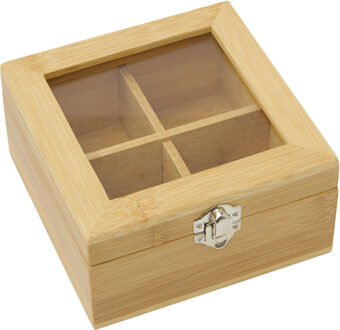 Bellatio Design Theedoos - 4-vaks - naturel - bamboe hout - 14 x 14 x 7.5 cm - theekist - glazen kijkvenster