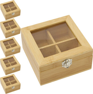 Bellatio Design Theedoos - pakket 6x - 4-vaks - naturel - bamboe hout - 14 x 14 x 7.5 cm - theekist