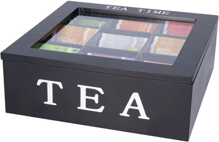 Bellatio Design Theedoos - zwart - 9 vaks - Tea Time - hout - L23 x H8 cm