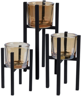 Bellatio Design Theelichthouders - 3x stuks - zwart - metaal/glas - Waxinelichthouders