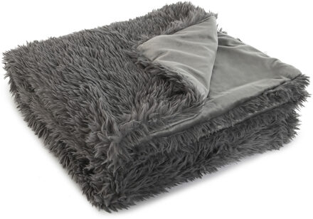 Bellatio Design Vachtdeken Fleece deken/plaid - donkergrijs - polyester - 130 x 170 cm - Fluffy stof