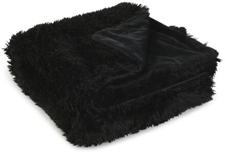 Bellatio Design Vachtdeken Fleece deken/plaid - zwart - polyester - 130 x 170 cm - Fluffy stof