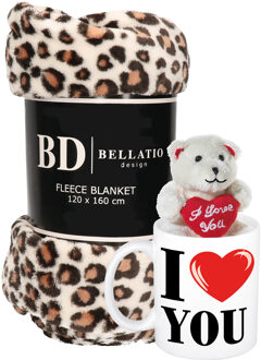 Bellatio Design Valentijn cadeau set - Fleece plaid/deken luipaard print met I love you mok en beertje - Plaids Multikleur