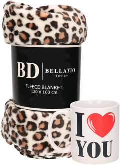 Bellatio Design Valentijn cadeau set - Fleece plaid/deken luipaard print met I love you mok - Plaids Multikleur